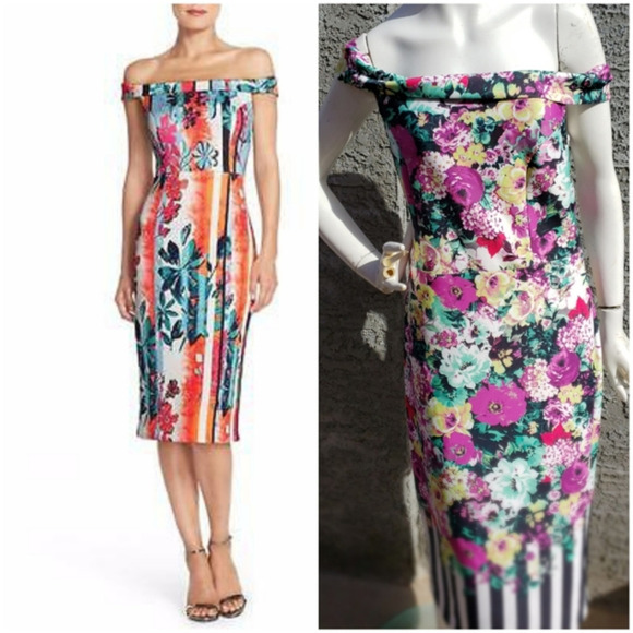 ECI MULTI-COLOR FLORAL PRINT OFF SHOULDER  SCUBA‎ DRESS - Picture 1 of 2